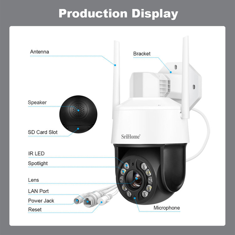 دوربین مداربسته هوشمند SriHome SH041 PTZ 5MP با زوم اپتیکال 20X، دید در شب رنگی و WiFi