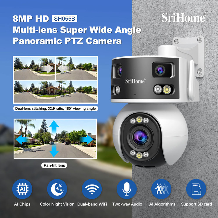دوربین مداربسته هوشمند سه لنز SriHome SH055B 8MP چرخشی WiFi