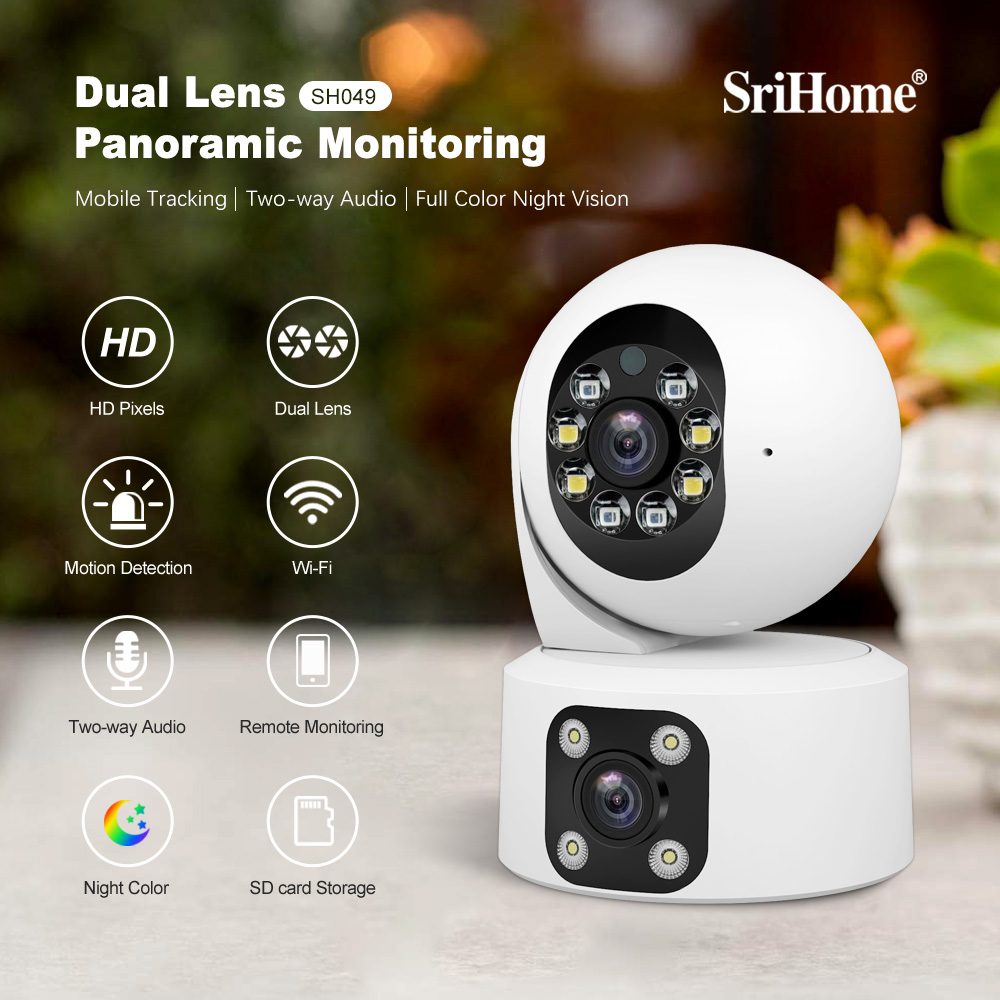 دوربین مداربسته هوشمند دو لنزه SriHome SH049 - panoramik با ردیابی حرکتی و دید در شب رنگی